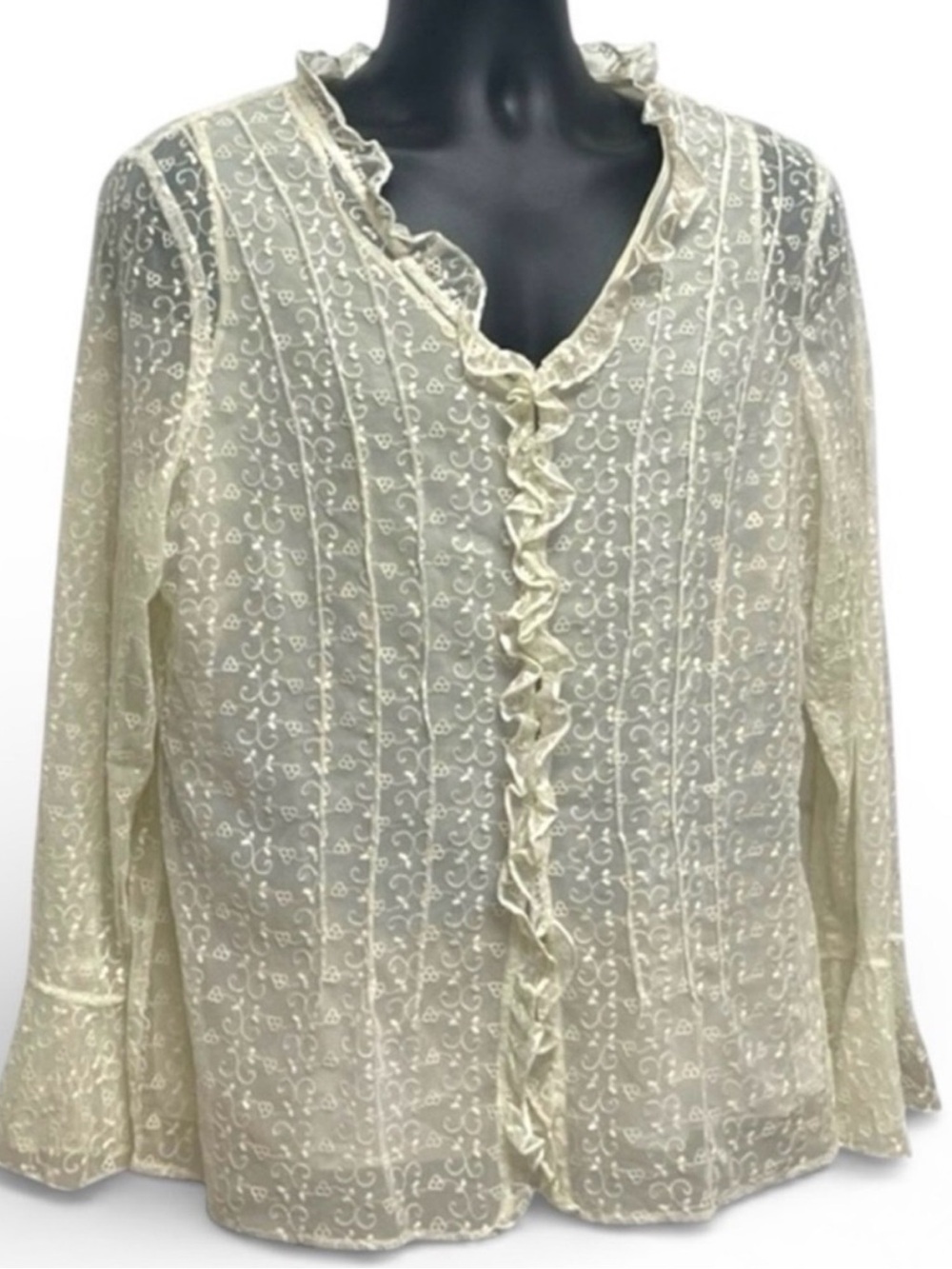 Avenue Plus Size 14/16 Ivory Embroidered Mesh Ruffle Bell Sleeve Blouse